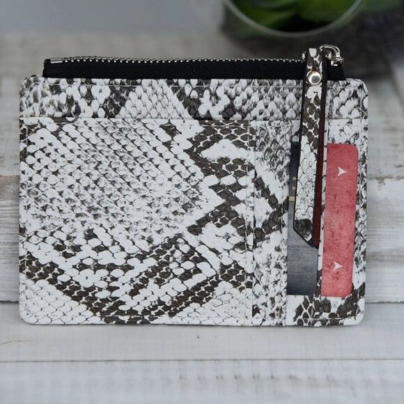 Molly Vegan Leather Snake Print Coin Zipper Tousled Pouch White Black - Picture 6 of 8